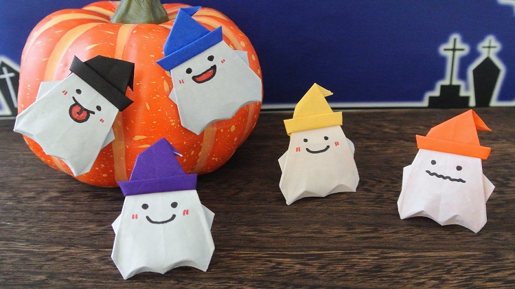 ハロウィン折り紙 １枚で帽子付きおばけ [Halloween Origami]Ghost with witch hat (using only 1 paper)