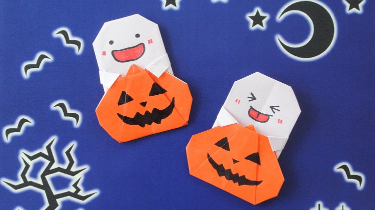 【ハロウィン折り紙】1枚でカボチャとおばけ【Halloween Origami】Pumpkin and Ghost (using only 1 paper)