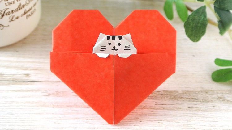 折り紙1枚でハート子猫の作り方　[Origami]Cat in a Heart (Using only 1 paper)