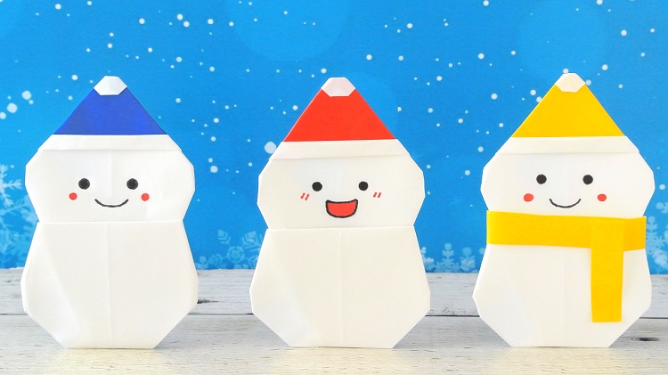 折り紙 帽子付き雪だるまの作り方　[Origami]Snowman with Santa hat(using only 1 paper)