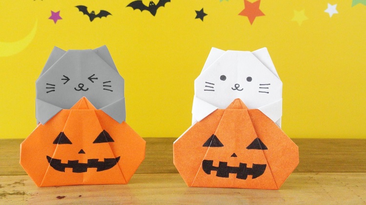 【ハロウィン折り紙】1枚でかぼちゃ猫の作り方