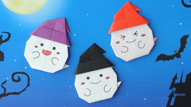 【ハロウィン折り紙】簡単な帽子付きおばけの作り方2